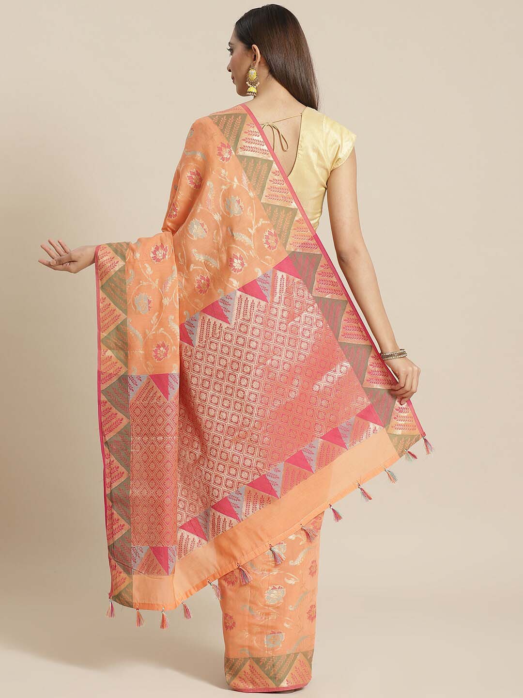 Indethnic Banarasi Peach Woven Design Festive Wear Saree - View 3