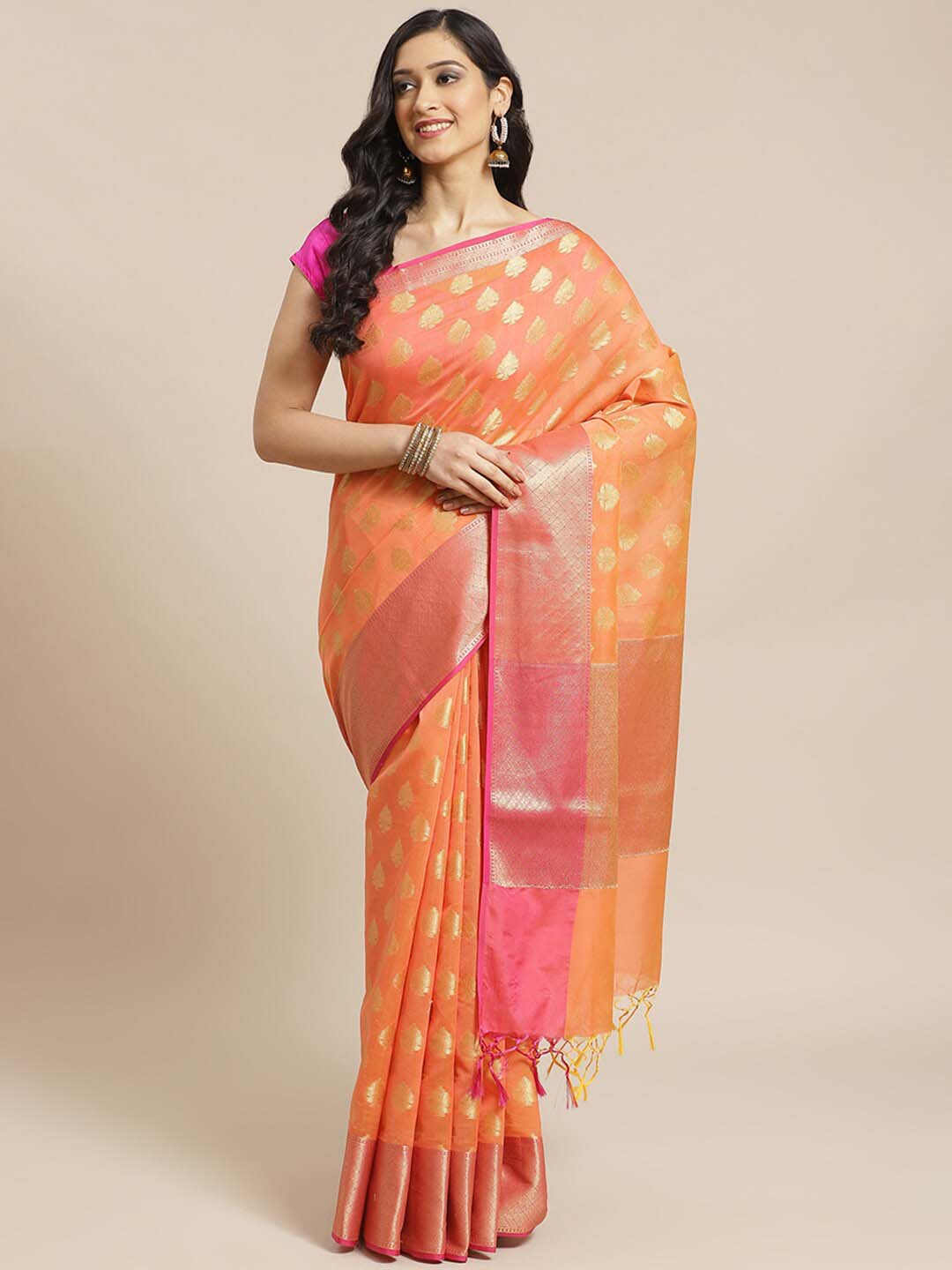 Indethnic Banarasi Peach Woven Design Festive Wear Saree - View 1