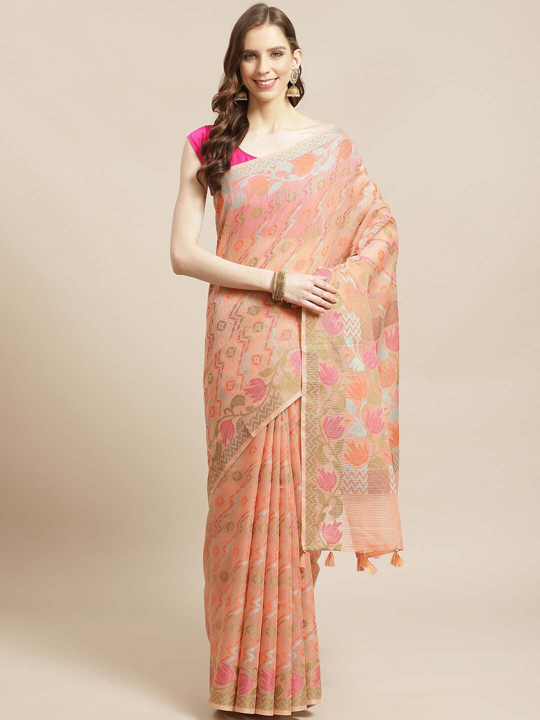 Indethnic Banarasi Peach Woven Design Work Wear Saree - View 1