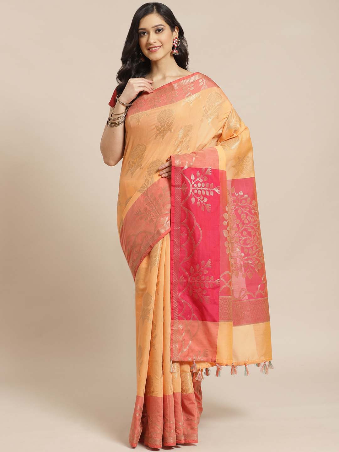 Indethnic Banarasi Peach Woven Design Daily Wear Saree - View 1