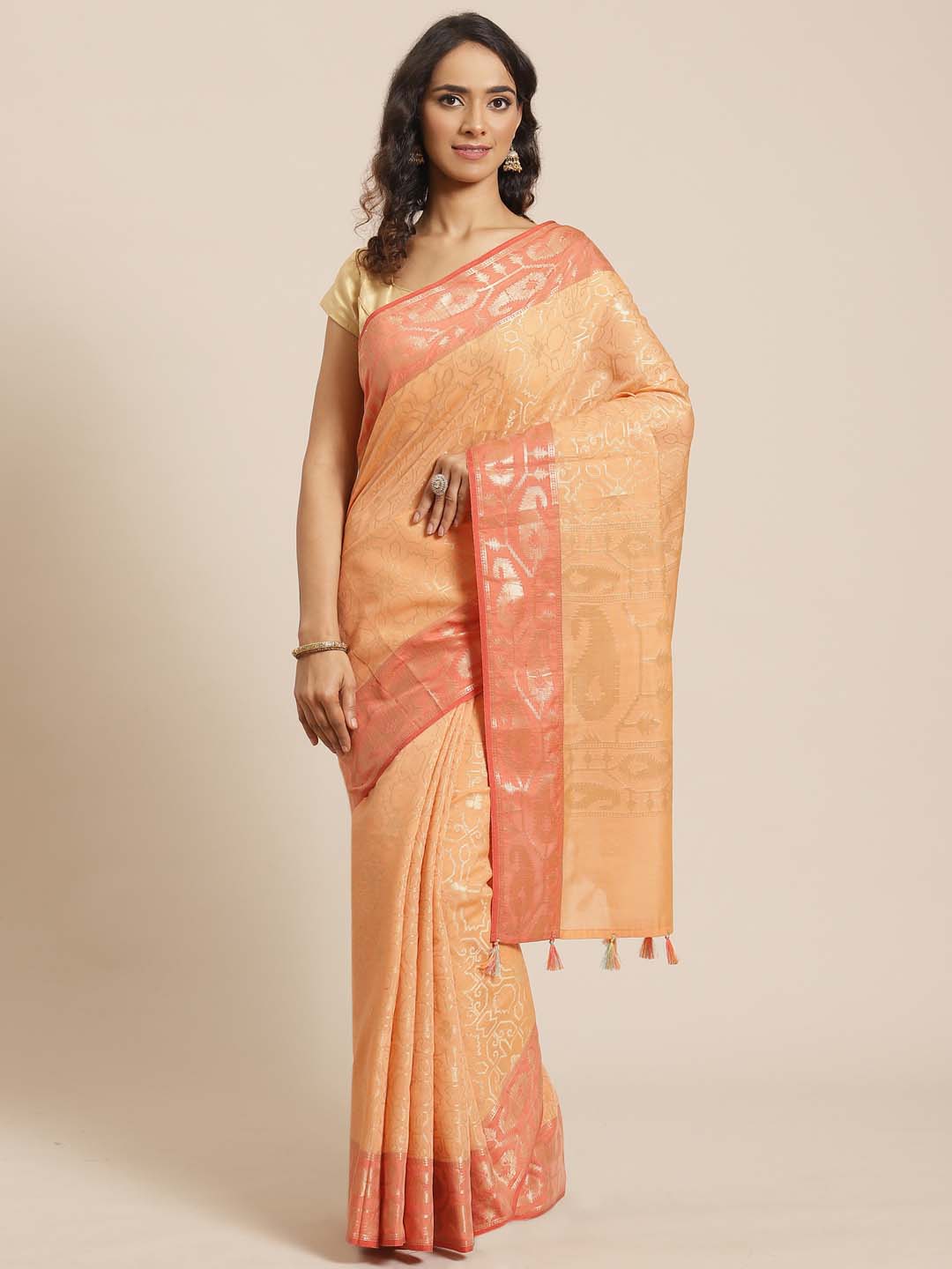 Indethnic Banarasi Peach Woven Design Party Wear Saree - View 1