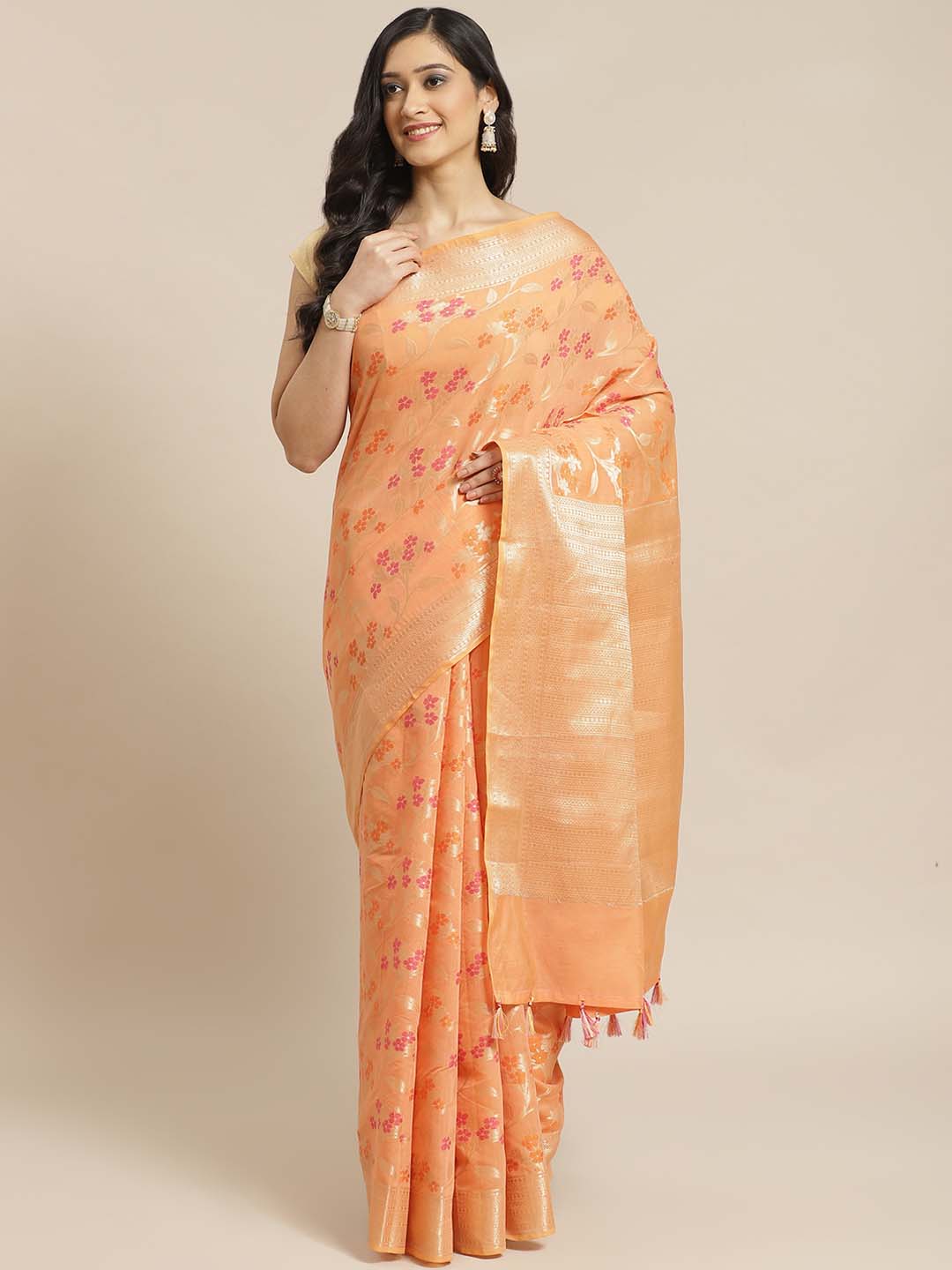 Indethnic Banarasi Peach Woven Design Daily Wear Saree - View 1