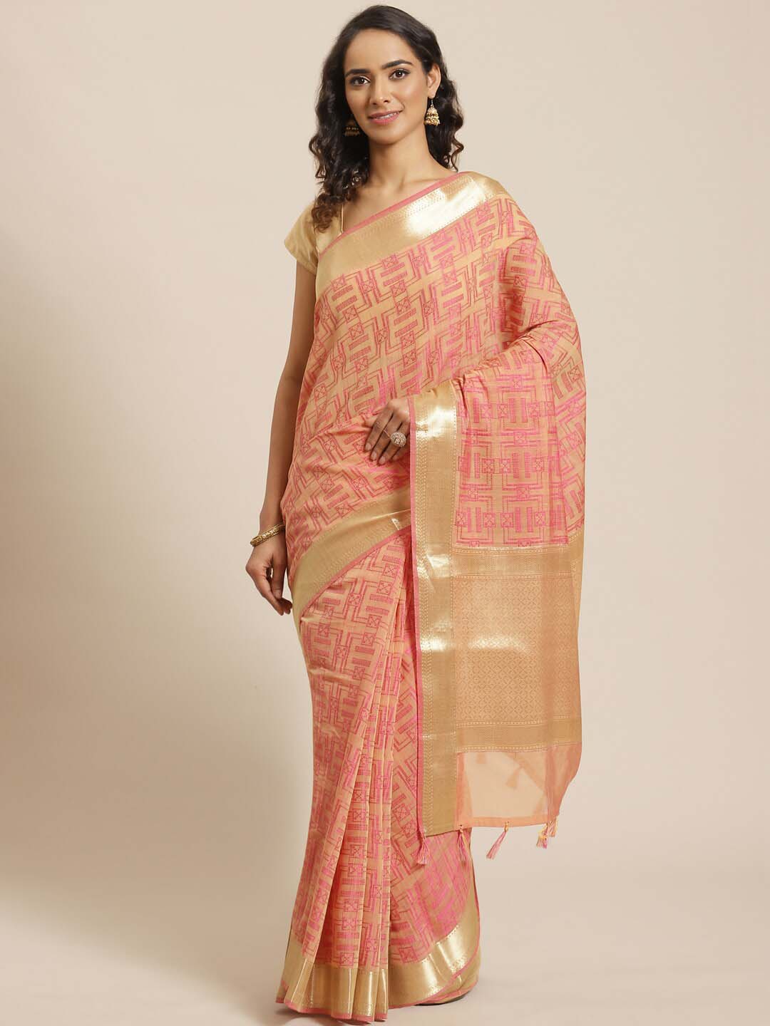 Indethnic Banarasi Peach Woven Design Festive Wear Saree - View 1
