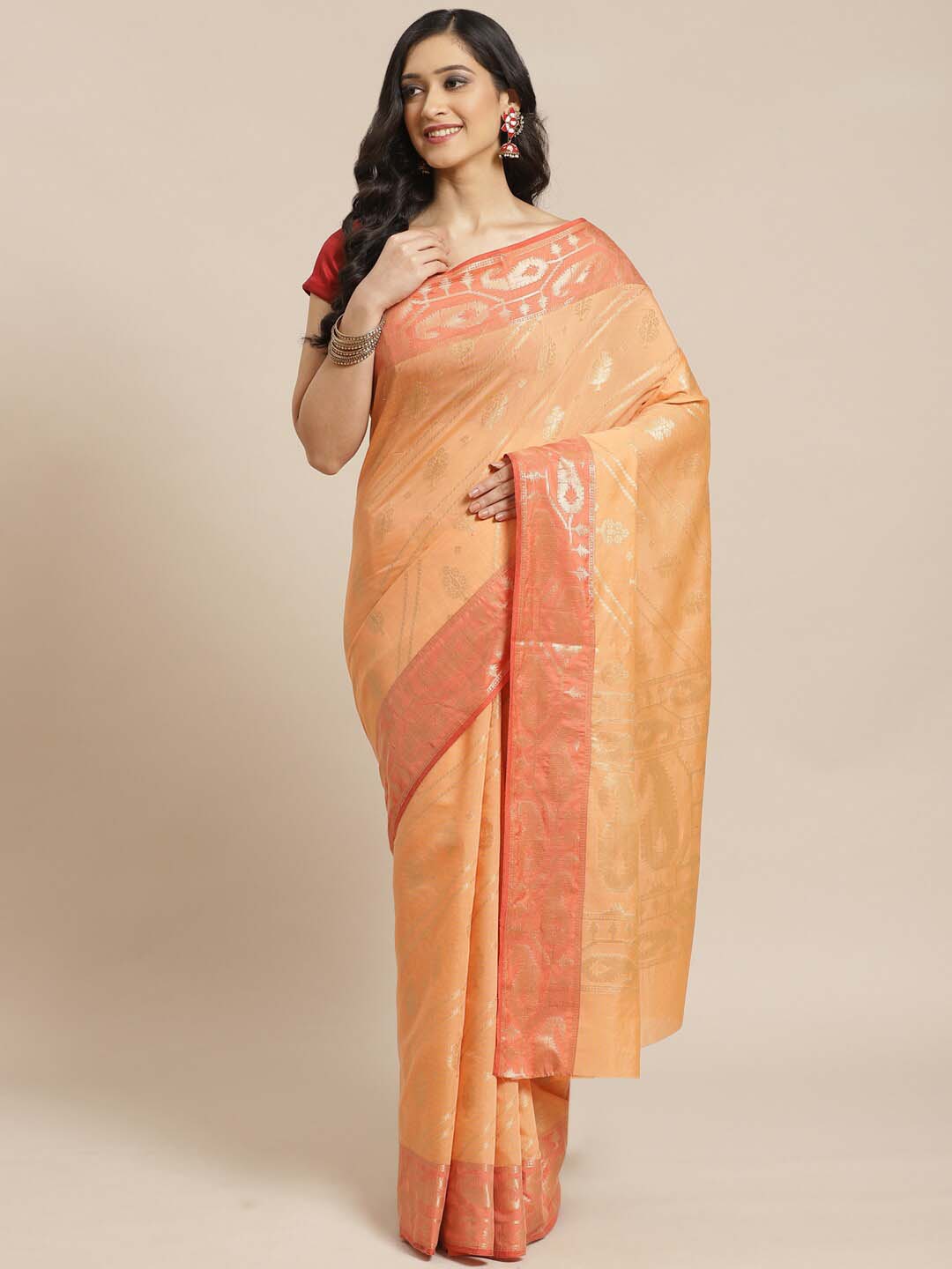 Indethnic Banarasi Peach Woven Design Daily Wear Saree - View 1