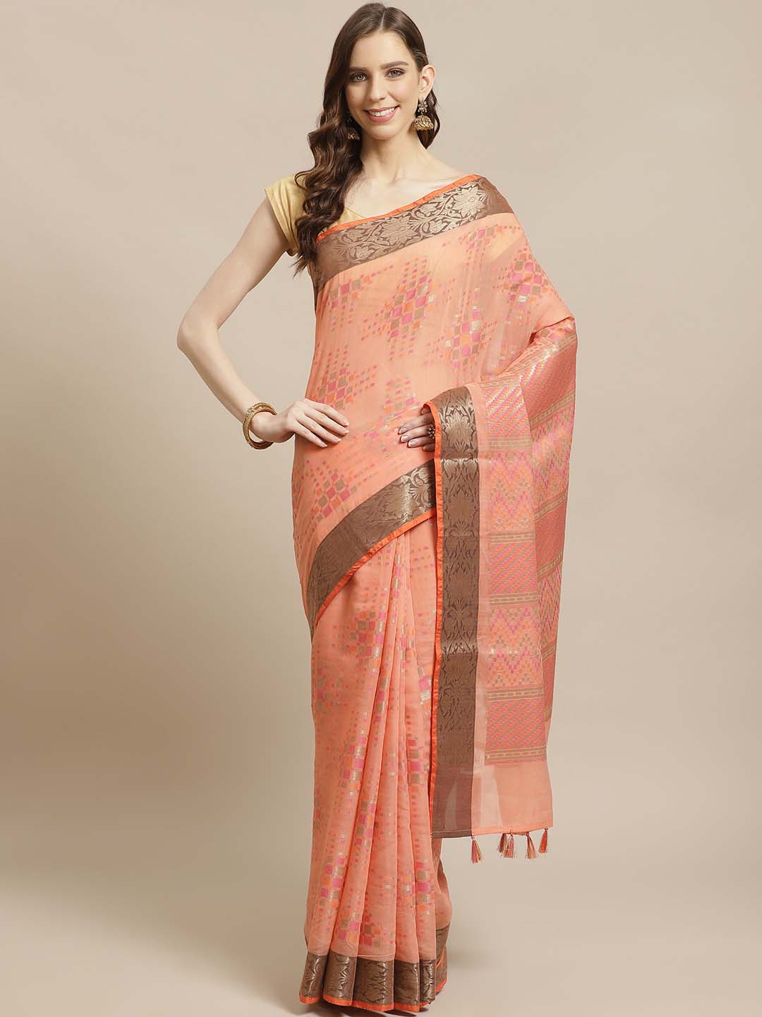 Indethnic Banarasi Peach Woven Design Daily Wear Saree - View 1