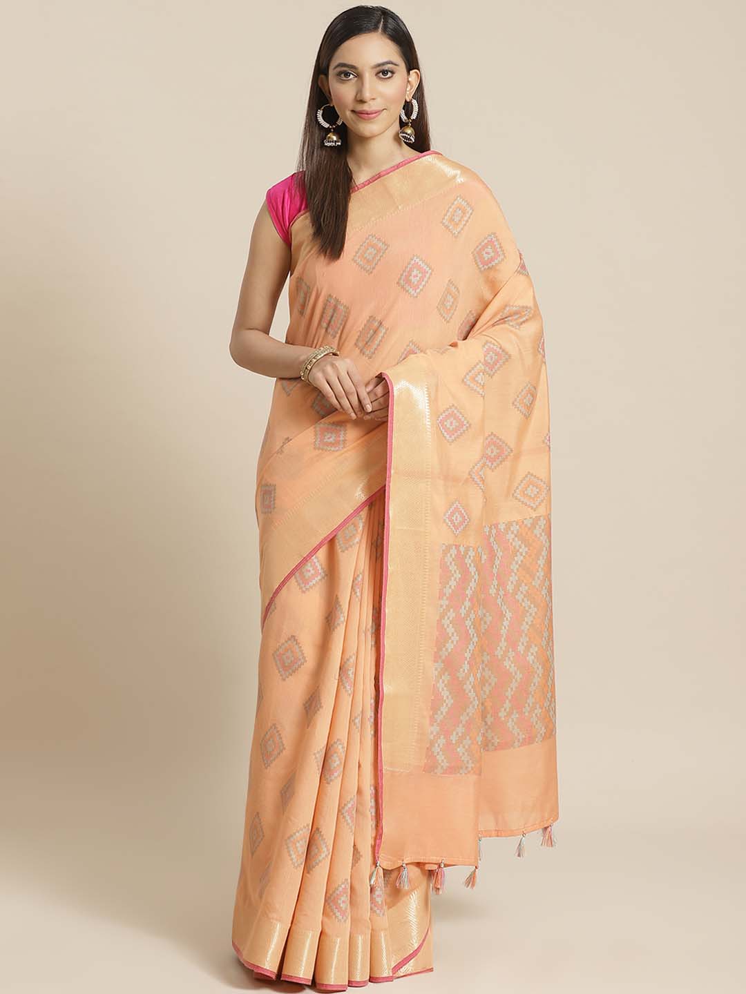 Indethnic Banarasi Peach Woven Design Work Wear Saree - View 1