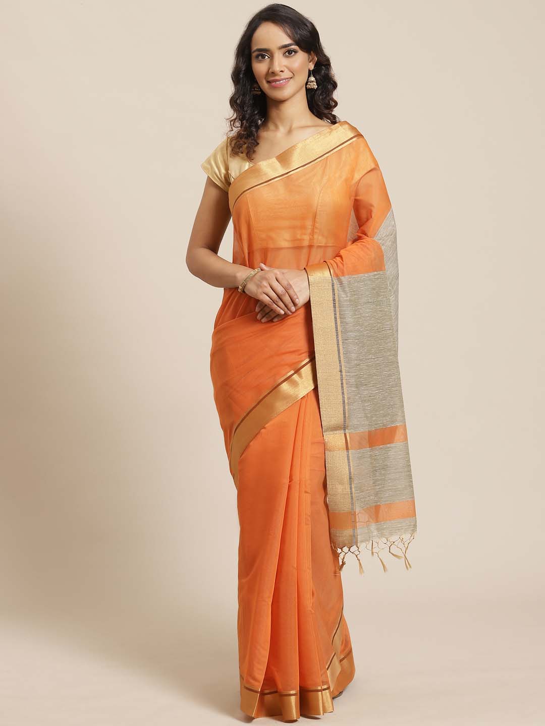 Indethnic Banarasi Rust Solid Work Wear Saree - View 1