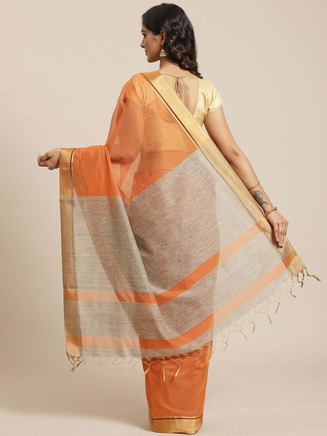 Indethnic Banarasi Rust Solid Work Wear Saree - View 2