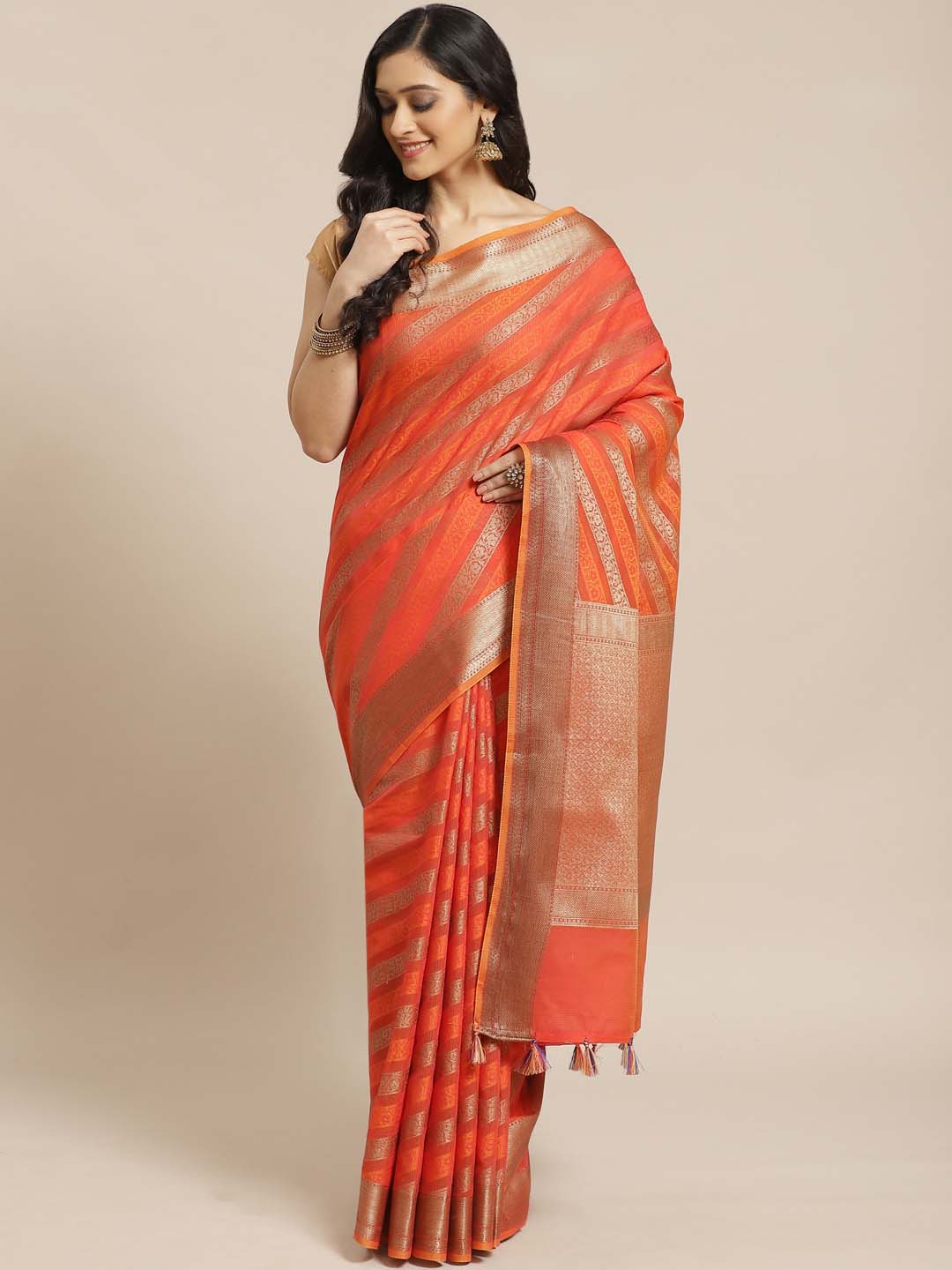 Indethnic Banarasi Rust Woven Design Daily Wear Saree - View 1