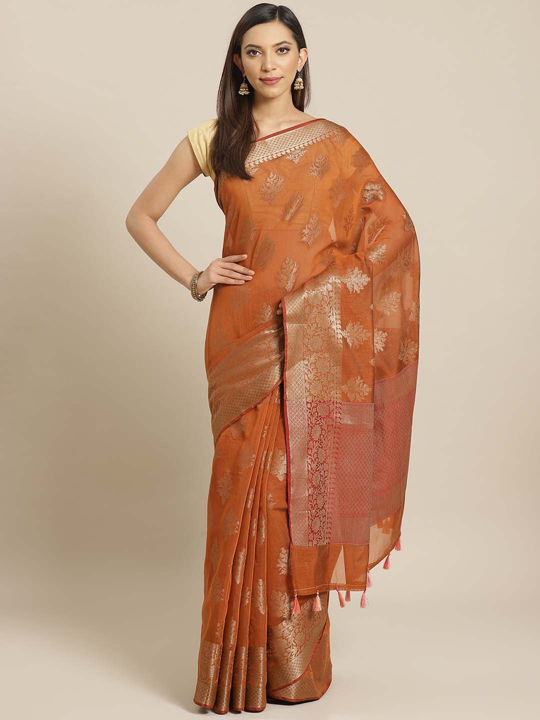 Indethnic Banarasi Rust Woven Design Party Wear Saree - View 1