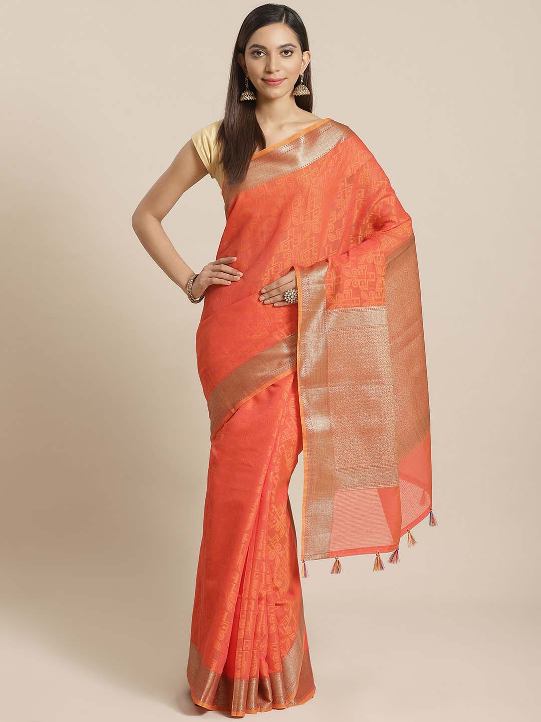 Indethnic Banarasi Rust Woven Design Work Wear Saree - View 1