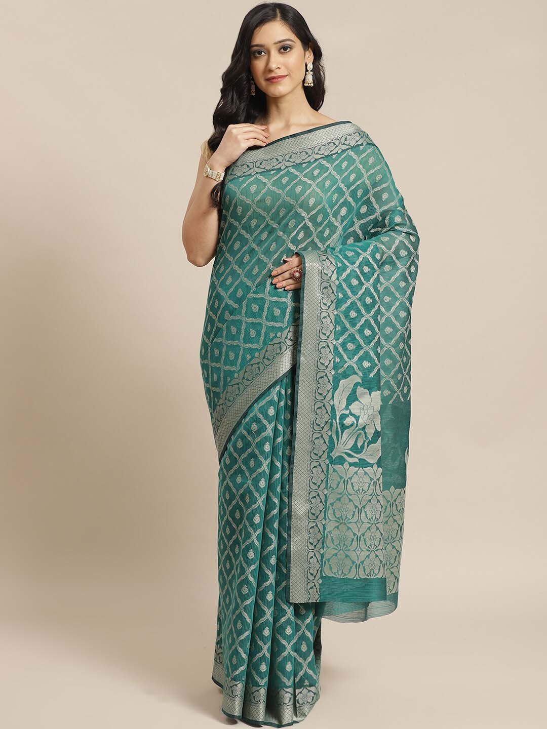 Indethnic Banarasi Sea Green Woven Design Work Wear Saree - View 1