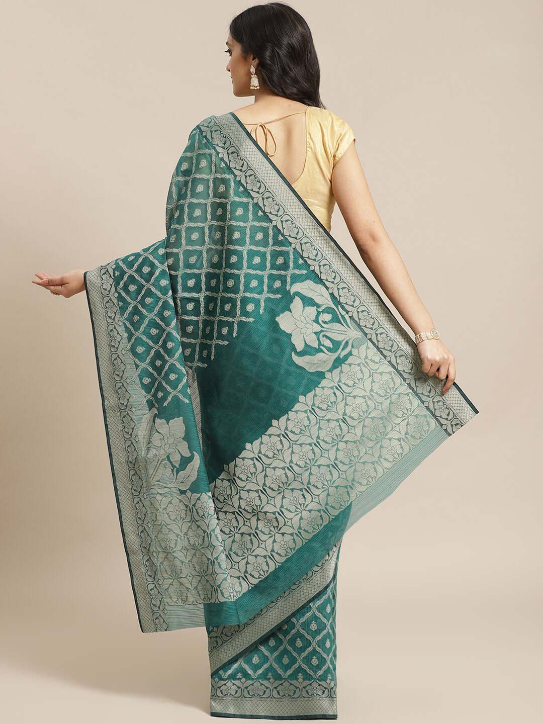 Indethnic Banarasi Sea Green Woven Design Work Wear Saree - View 3