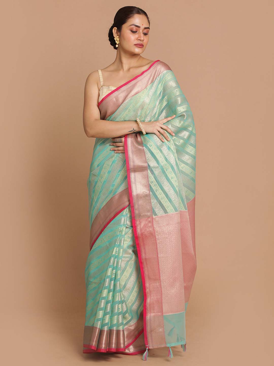 Indethnic Banarasi Sea Green Woven Design Party Wear Saree - View 1