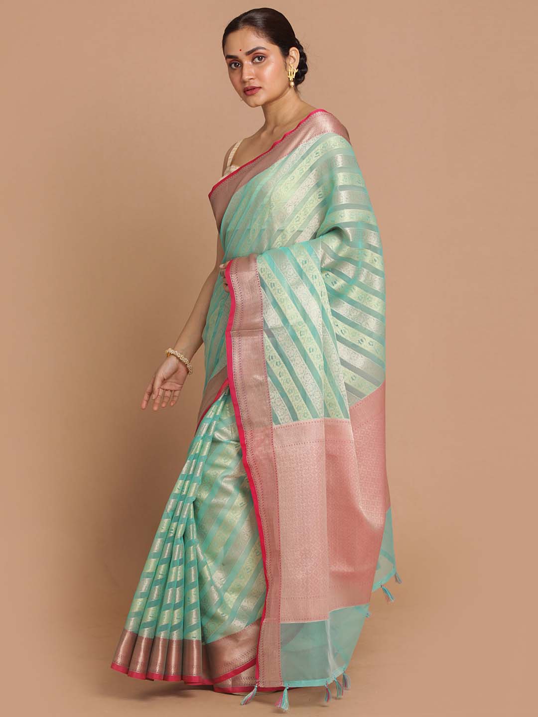 Indethnic Banarasi Sea Green Woven Design Party Wear Saree - View 2