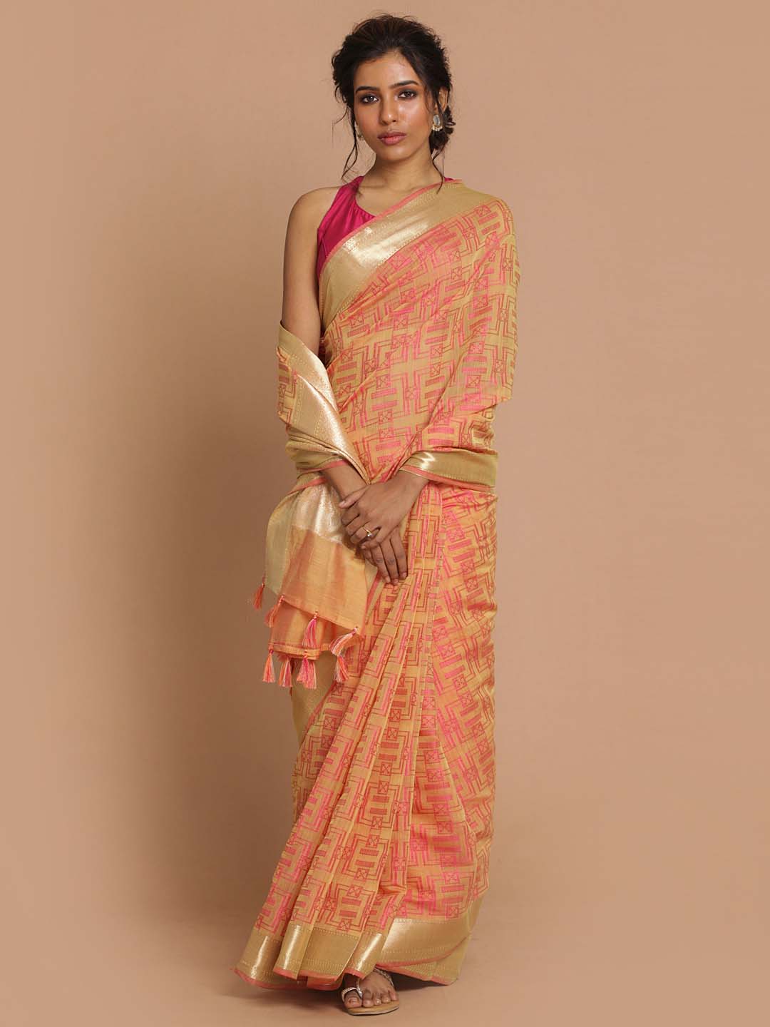 Indethnic Banarasi Tan Woven Design Festive Wear Saree - View 1