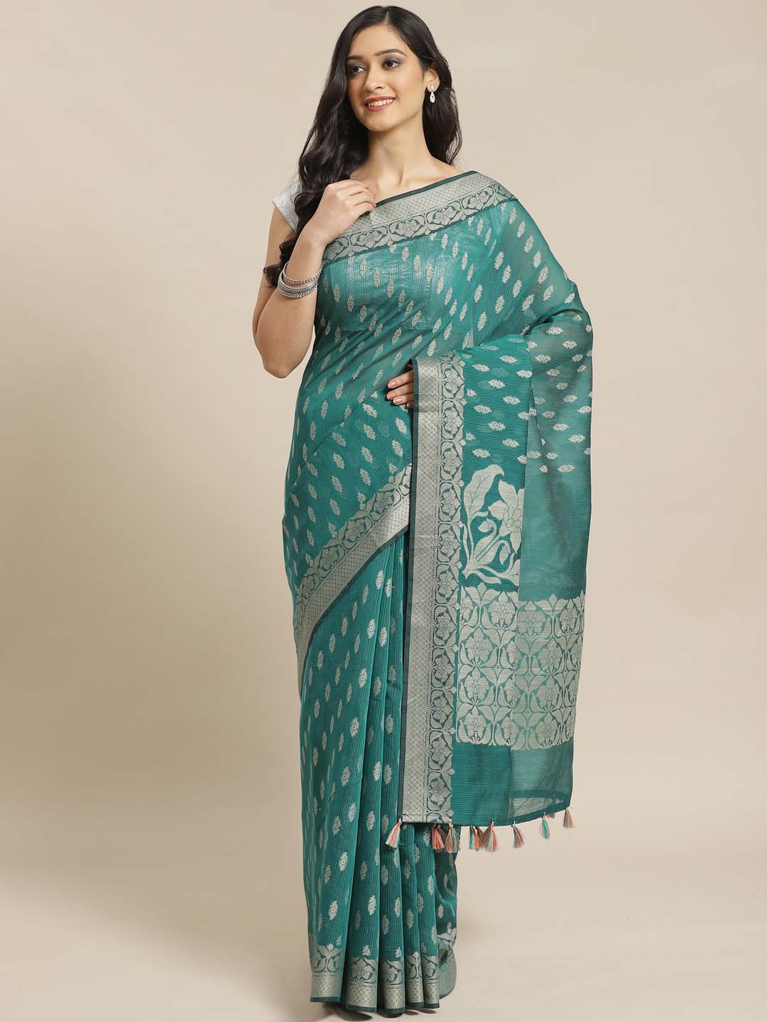 Indethnic Banarasi Teal Woven Design Work Wear Saree - View 1