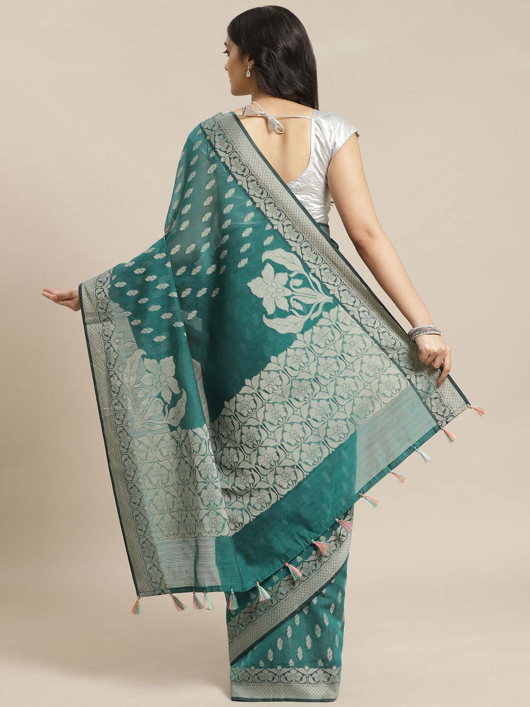 Indethnic Banarasi Teal Woven Design Work Wear Saree - View 2