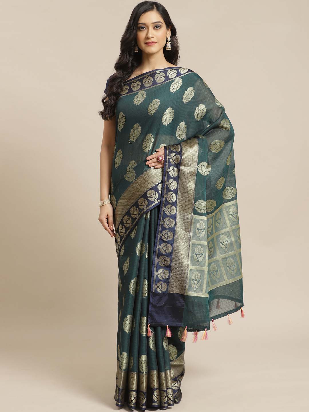 Indethnic Banarasi Teal Woven Design Work Wear Saree - View 1