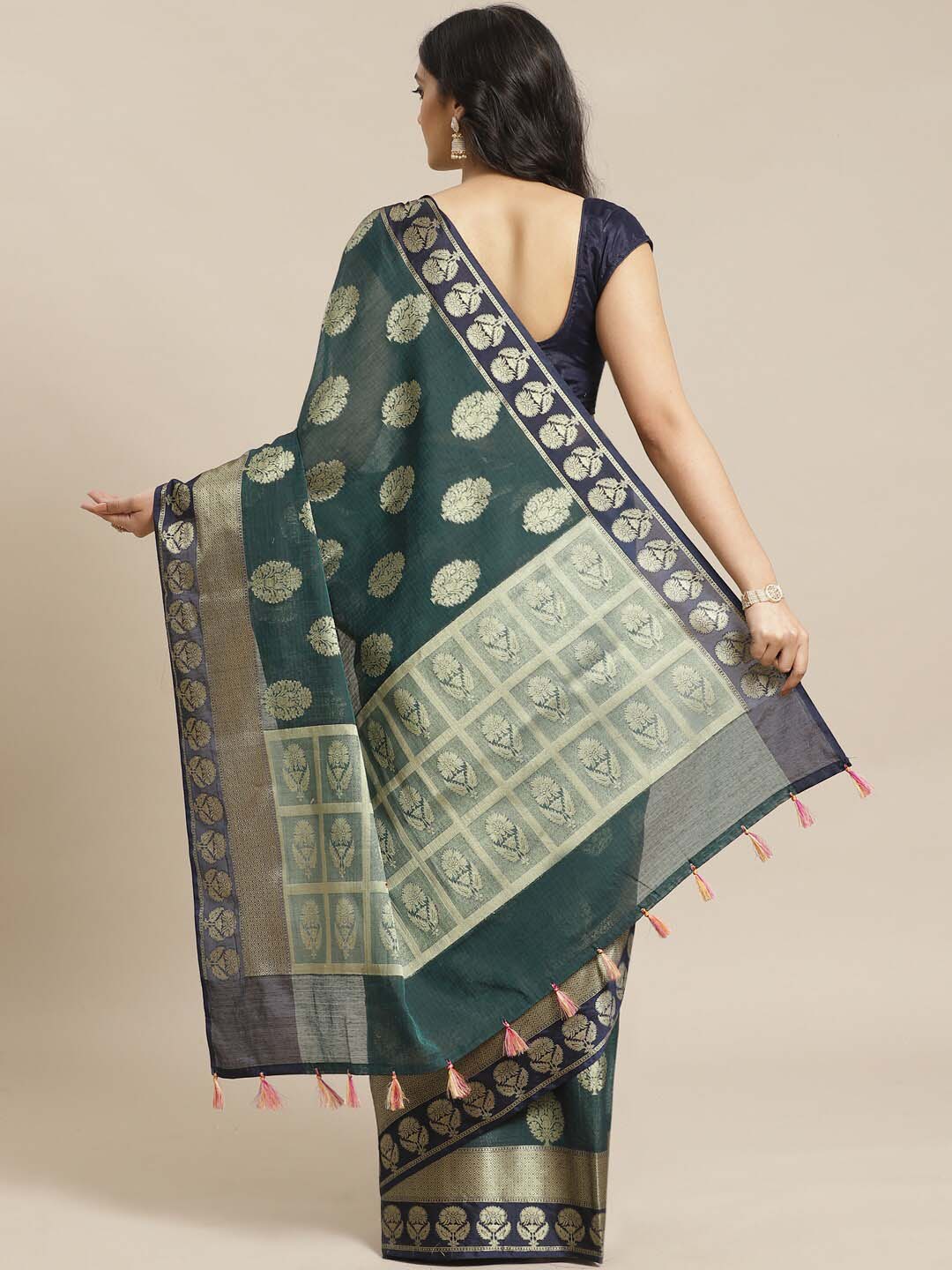 Indethnic Banarasi Teal Woven Design Work Wear Saree - View 1