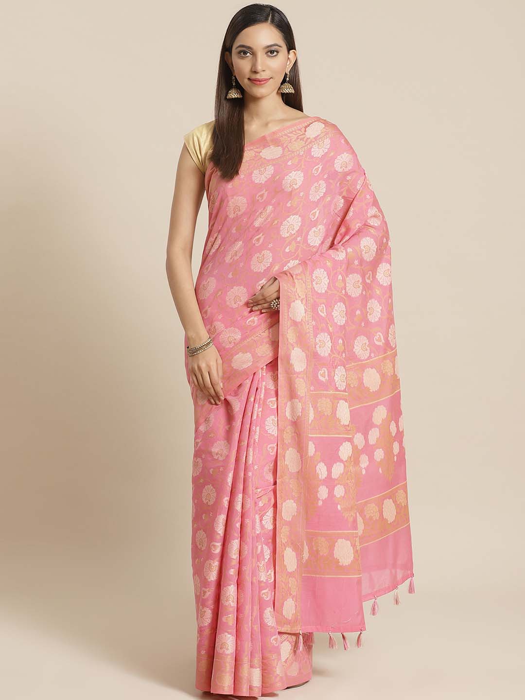 Indethnic Banarasi Pink Woven Design Work Wear Saree - View 1