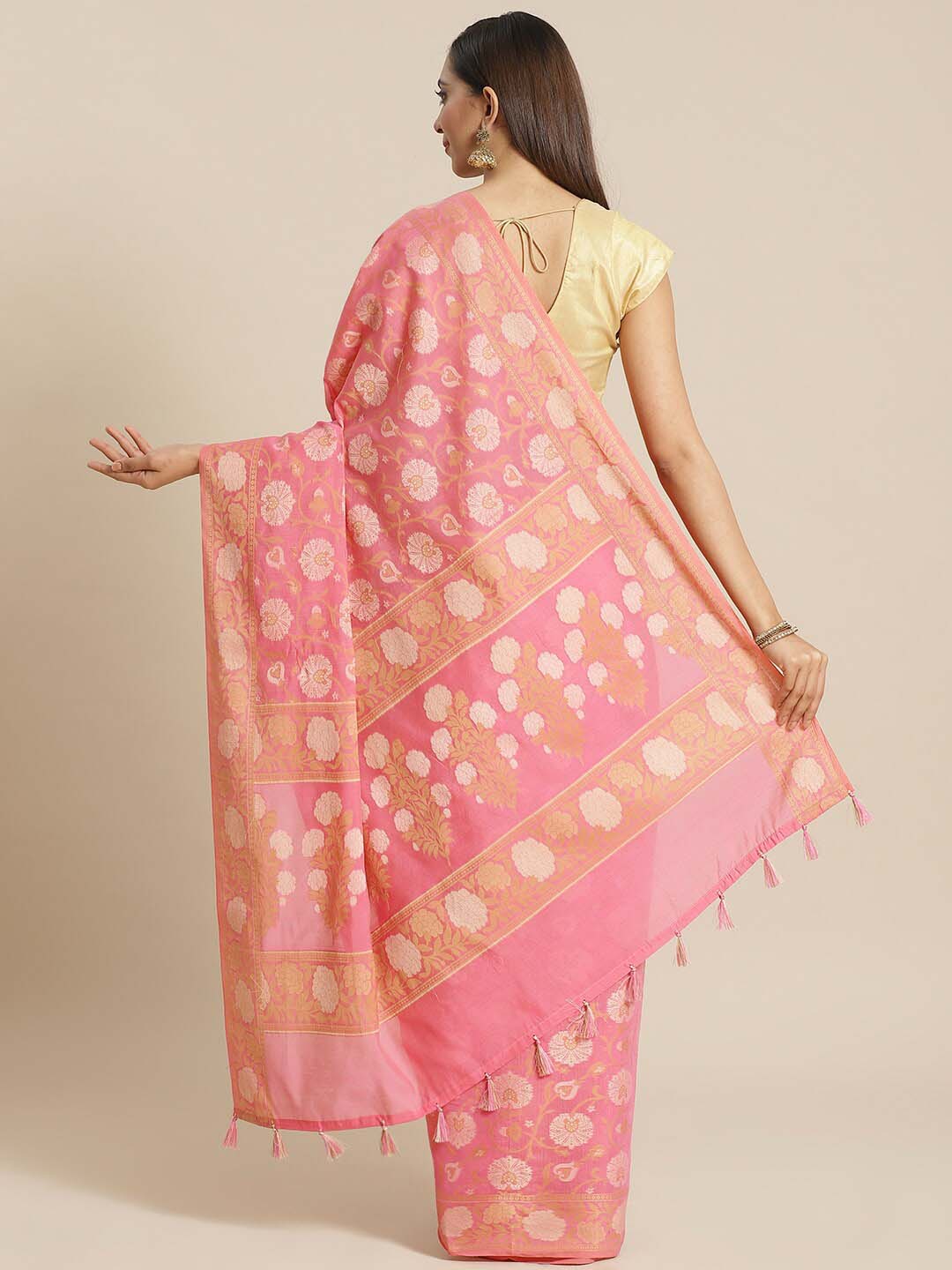 Indethnic Banarasi Pink Woven Design Work Wear Saree - View 2