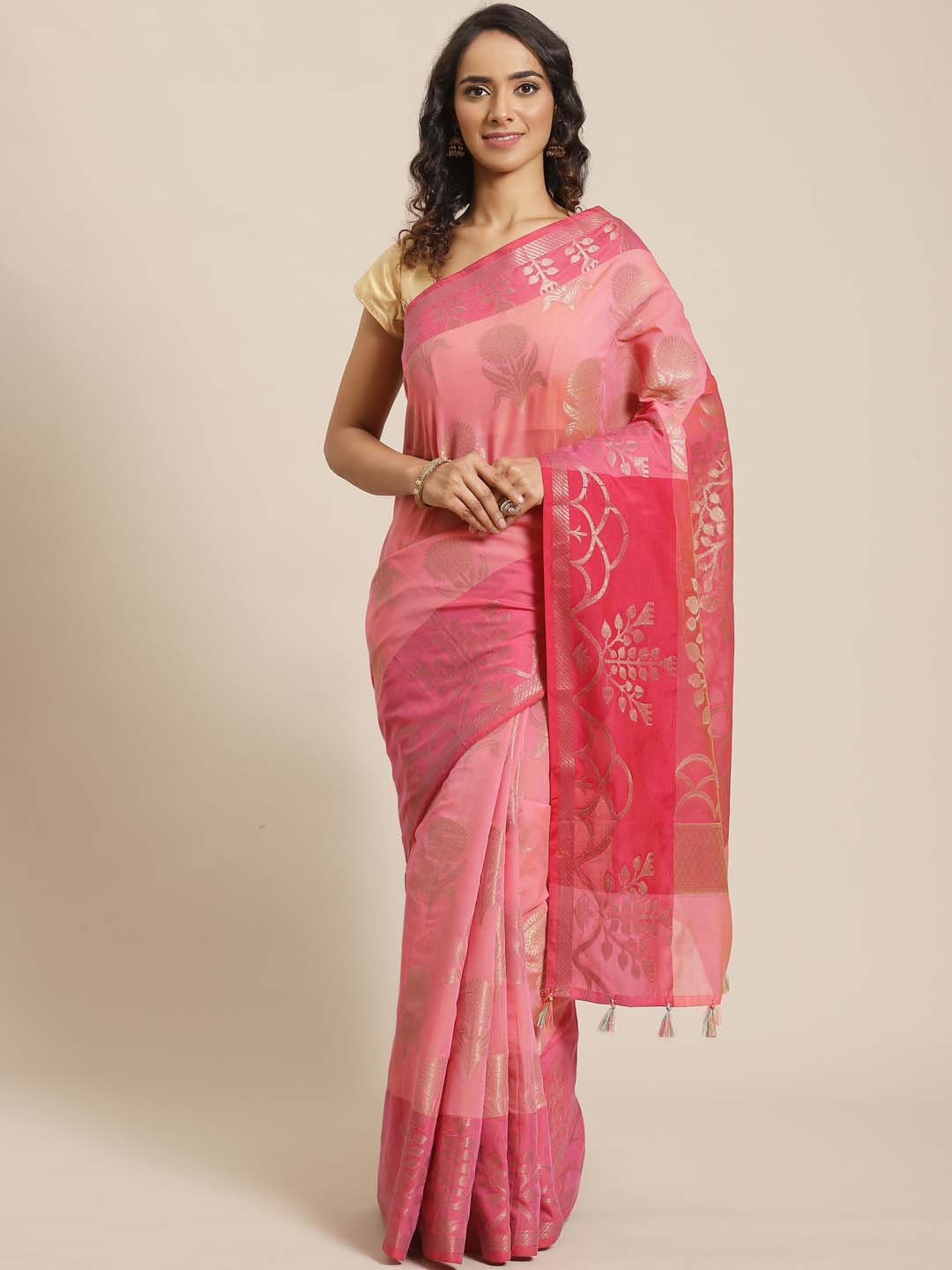 Indethnic Banarasi Pink Woven Design Daily Wear Saree - View 1