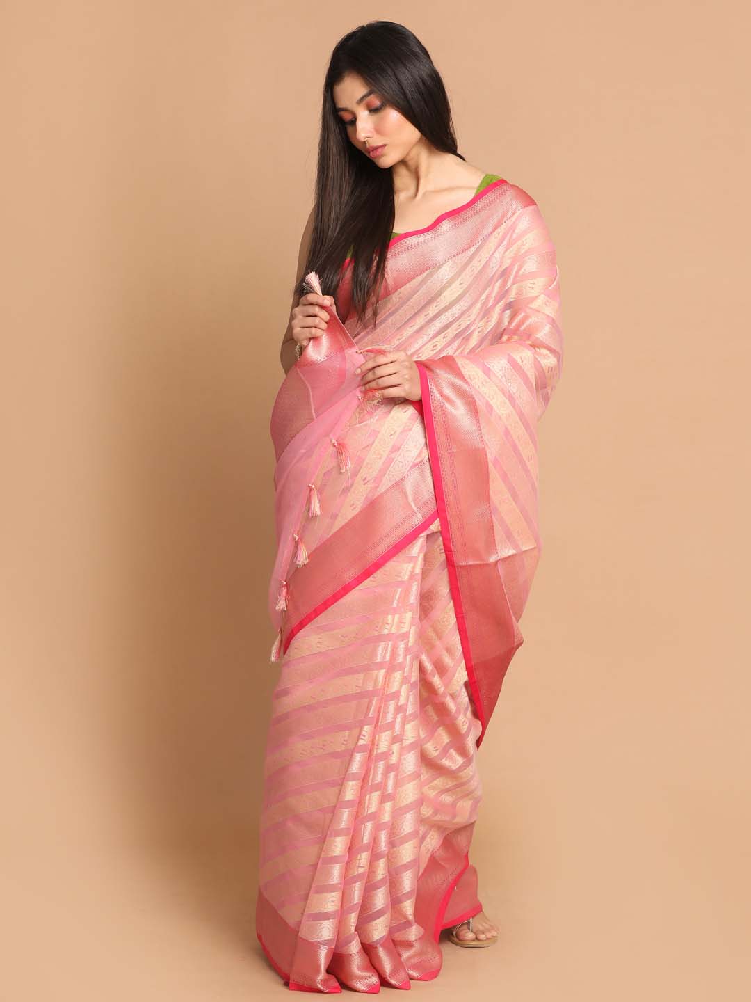 Indethnic Banarasi Pink Woven Design Party Wear Saree - View 1