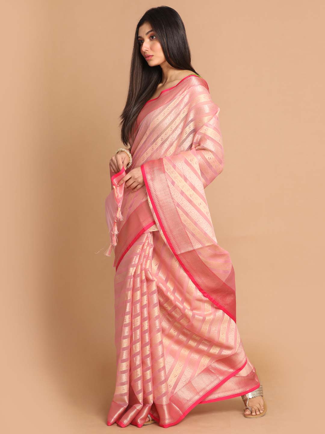 Indethnic Banarasi Pink Woven Design Party Wear Saree - View 2