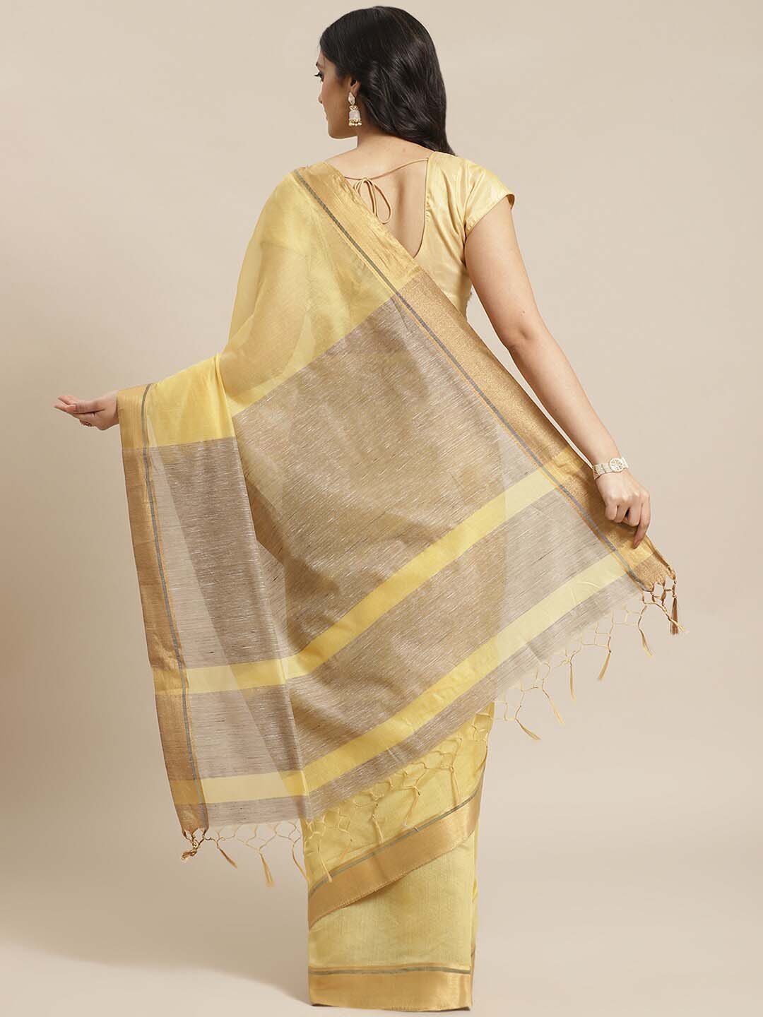 Indethnic Banarasi Yellow Solid Work Wear Saree - View 2