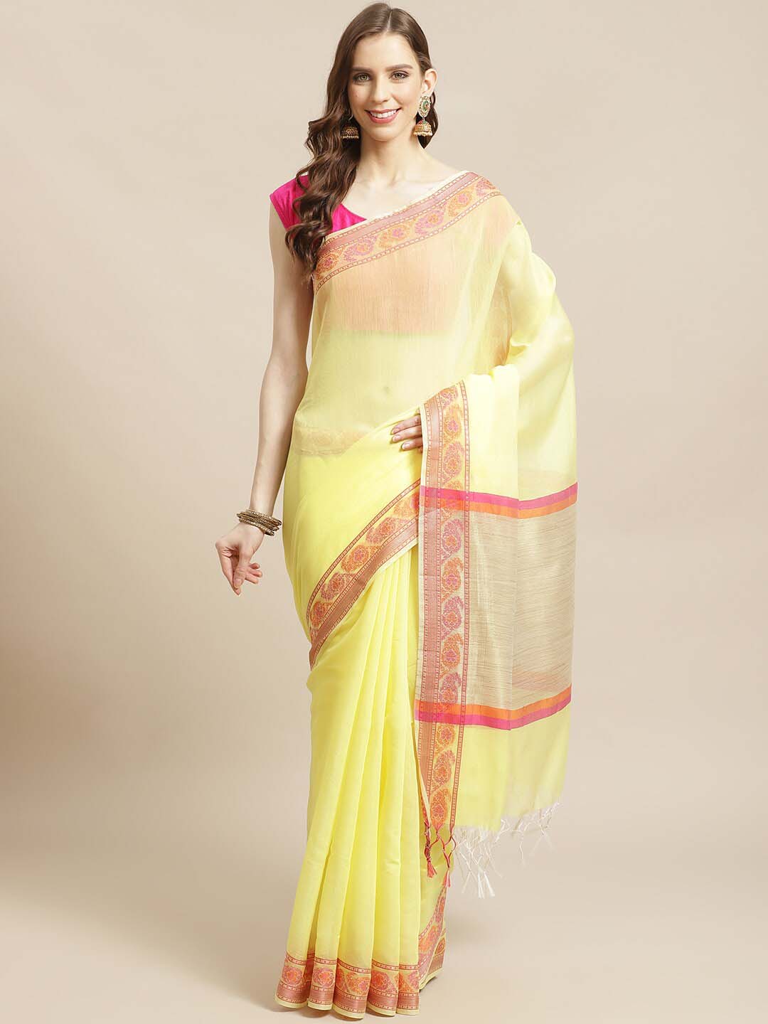 Indethnic Banarasi Yellow Solid Daily Wear Saree - View 1