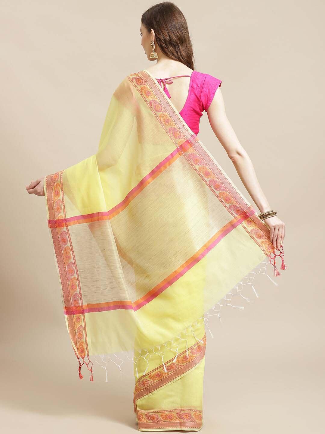 Indethnic Banarasi Yellow Solid Daily Wear Saree - View 3