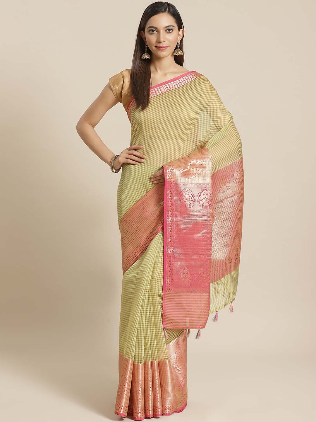 Indethnic Banarasi Yellow Checked Daily Wear Saree - View 1