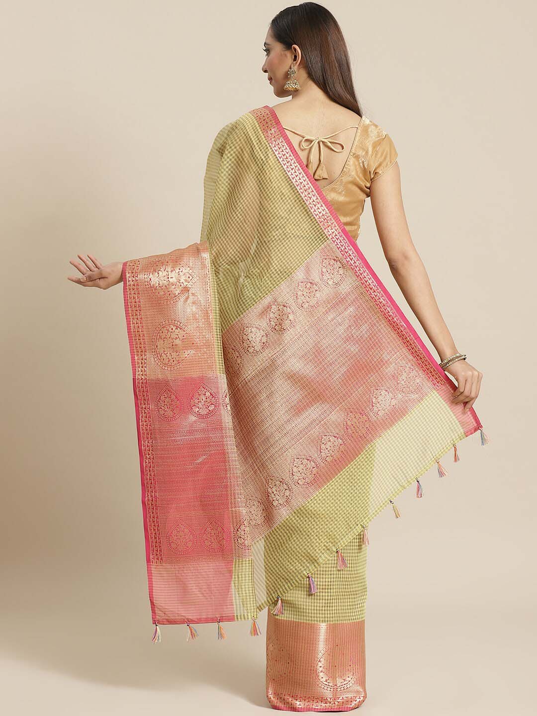 Indethnic Banarasi Yellow Checked Daily Wear Saree - View 2