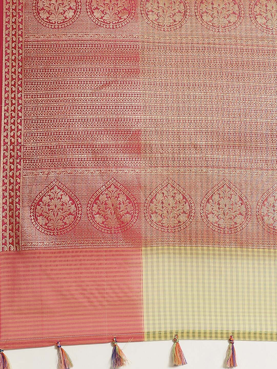 Indethnic Banarasi Yellow Checked Daily Wear Saree - Saree Detail View