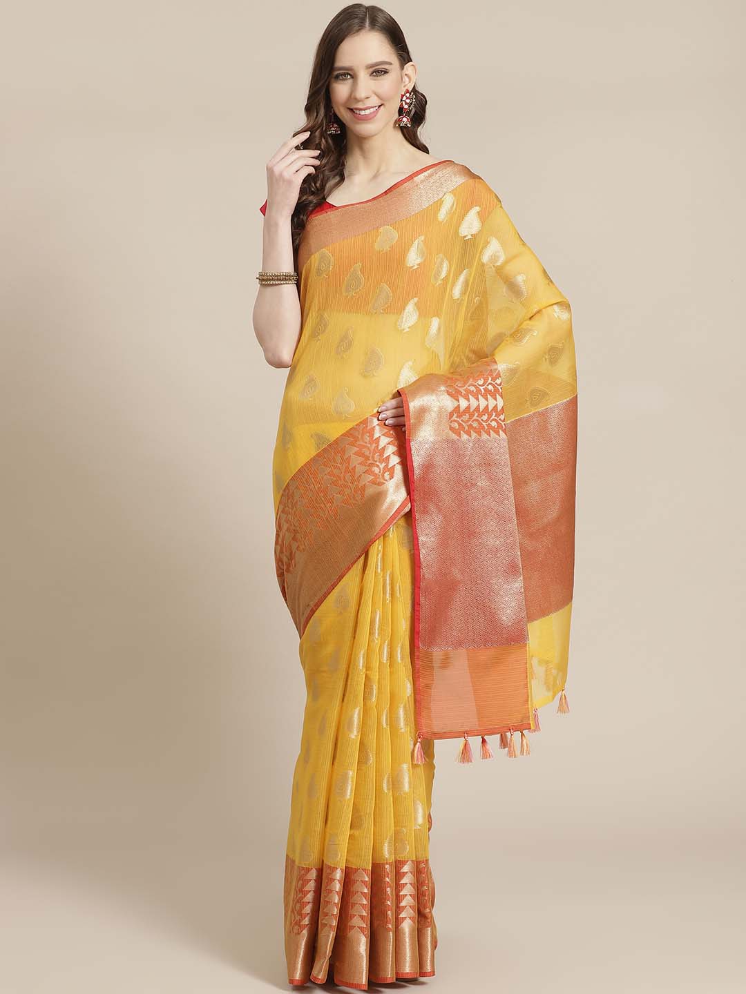 Indethnic Banarasi Yellow Woven Design Daily Wear Saree - View 1