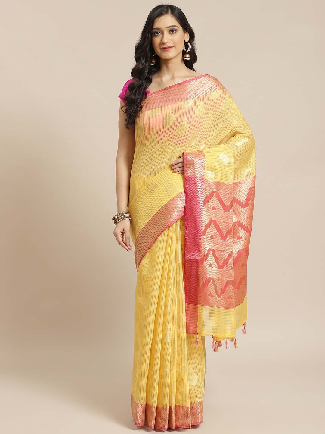 Indethnic Banarasi Yellow Woven Design Festive Wear Saree - View 1