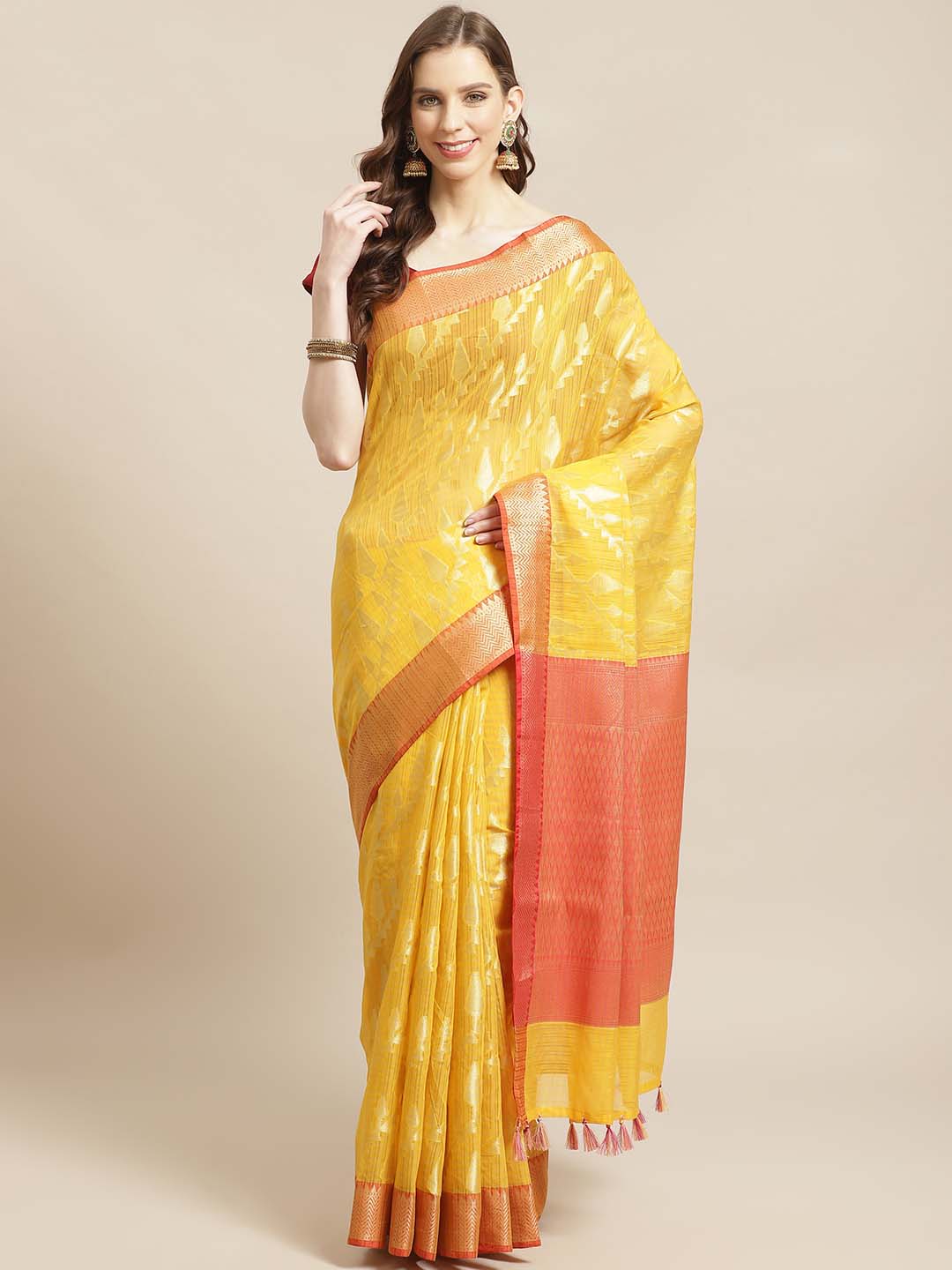 Indethnic Banarasi Yellow Woven Design Festive Wear Saree - View 1