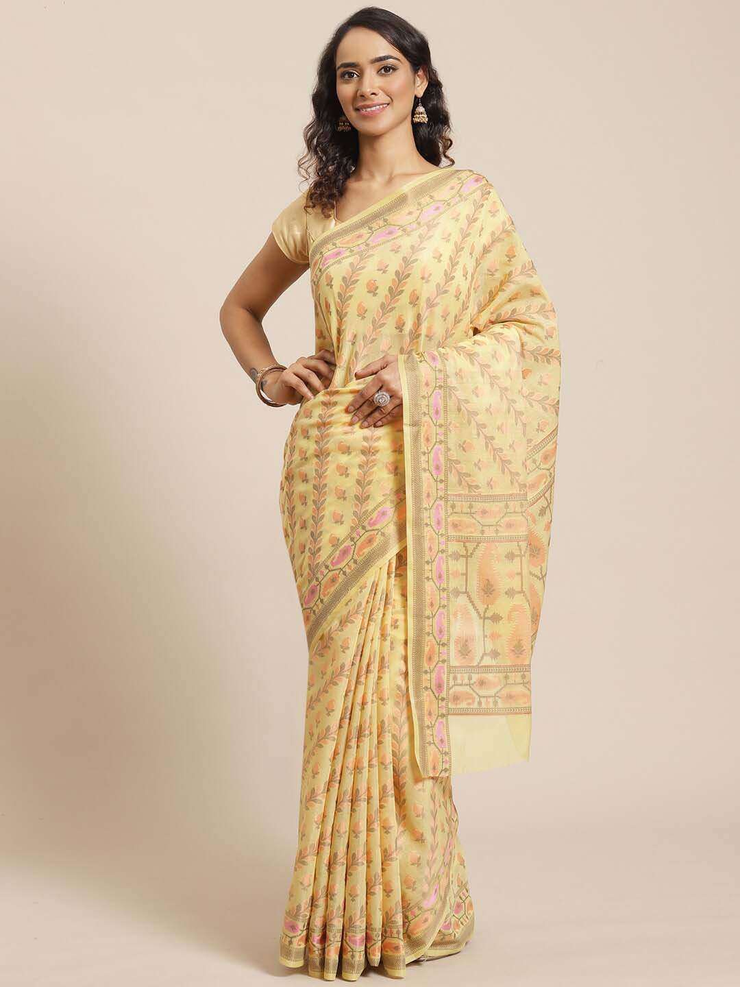 Indethnic Banarasi Yellow Woven Design Work Wear Saree - View 1