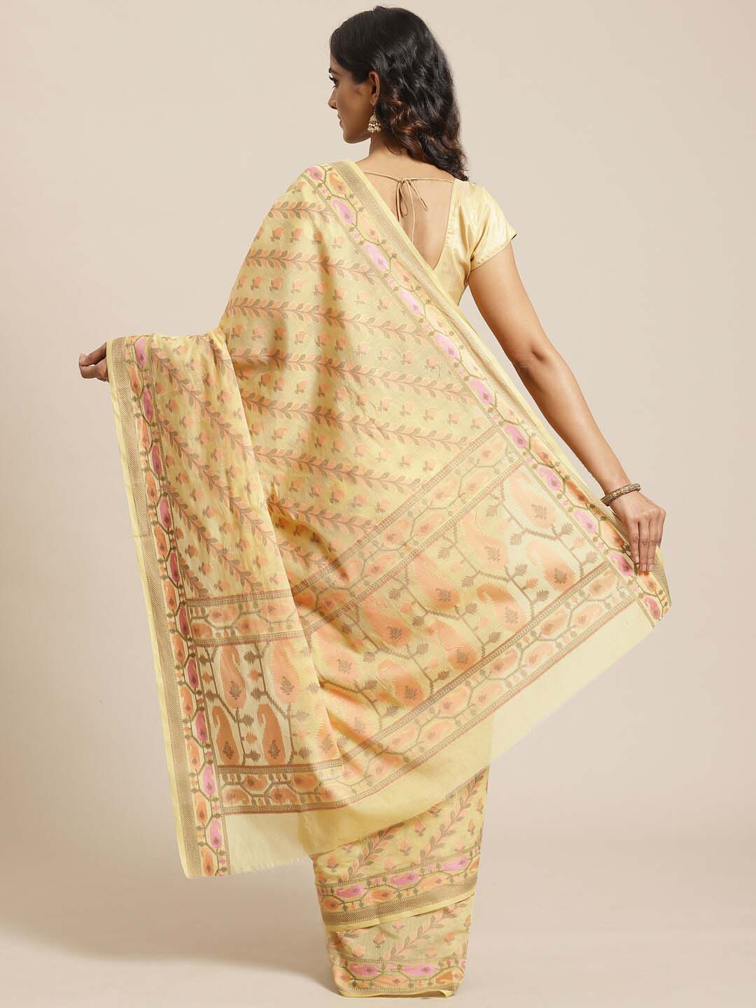 Indethnic Banarasi Yellow Woven Design Work Wear Saree - View 3