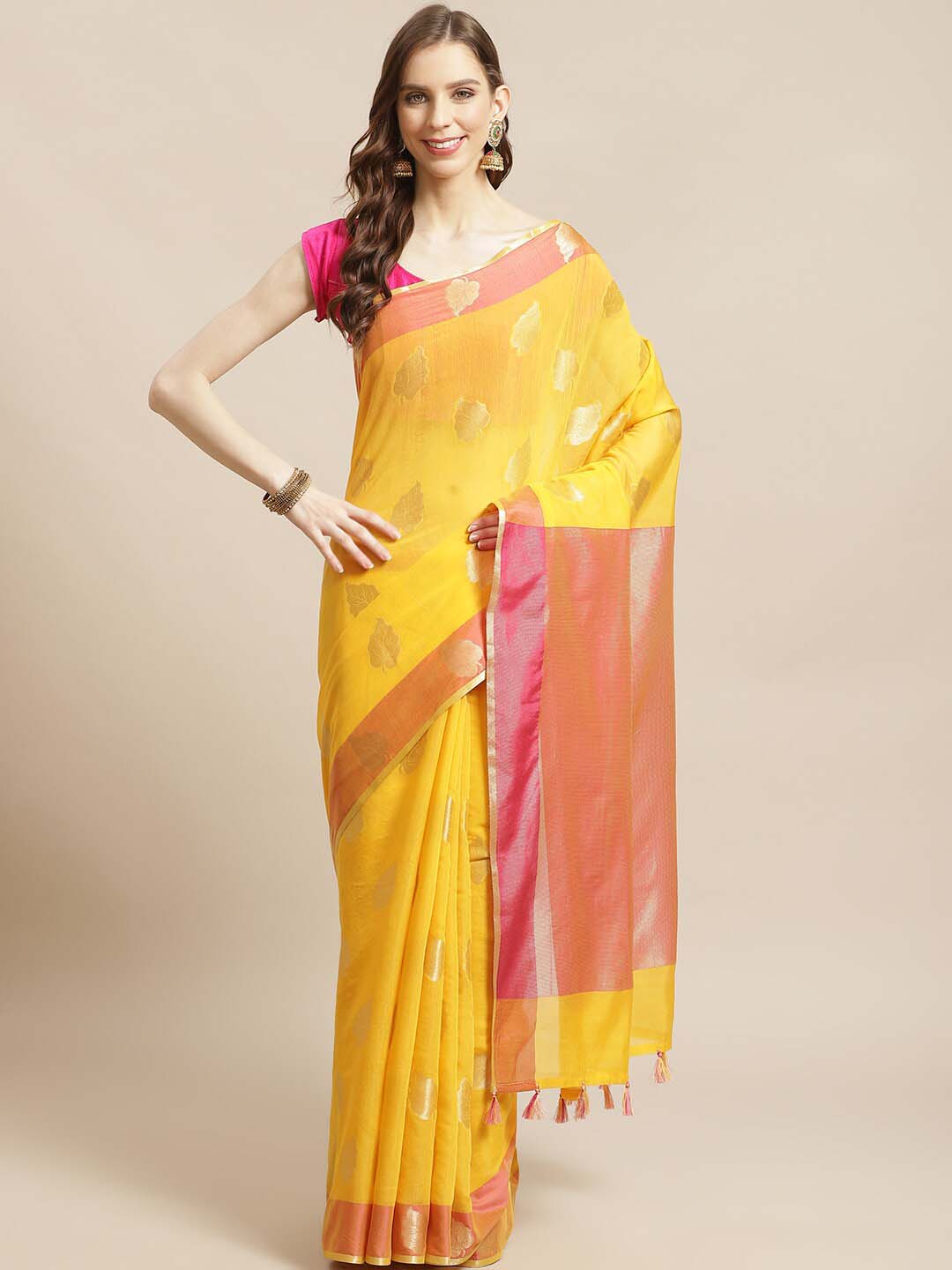 Indethnic Banarasi Yellow Woven Design Daily Wear Saree - View 1