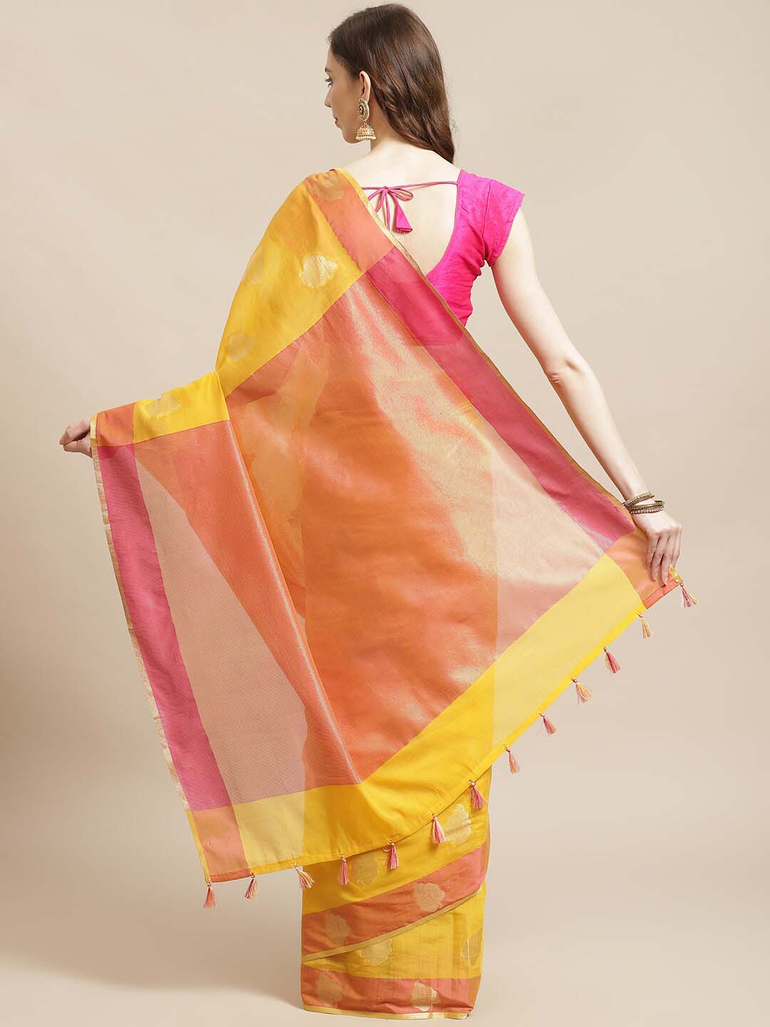 Indethnic Banarasi Yellow Woven Design Daily Wear Saree - View 3