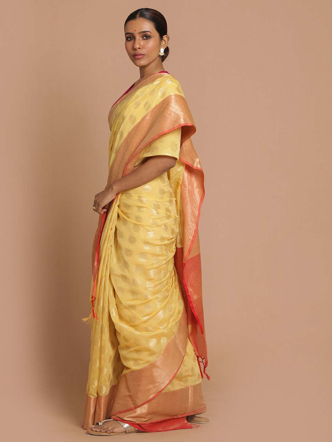 Indethnic Banarasi Yellow Woven Design Festive Wear Saree - View 2