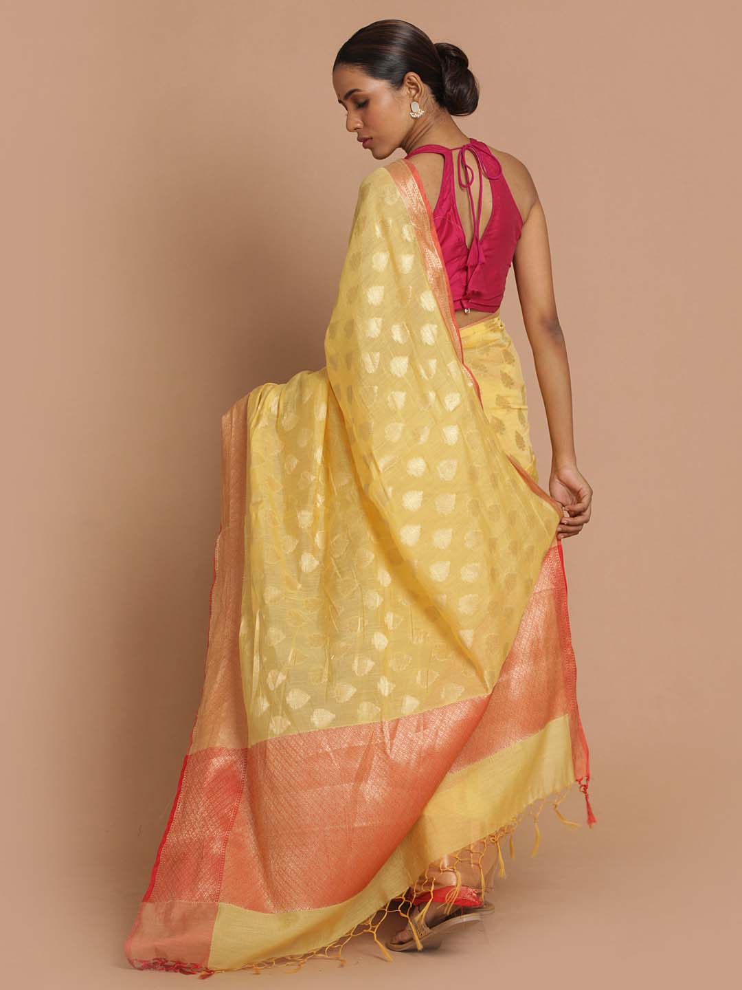 Indethnic Banarasi Yellow Woven Design Festive Wear Saree - View 3