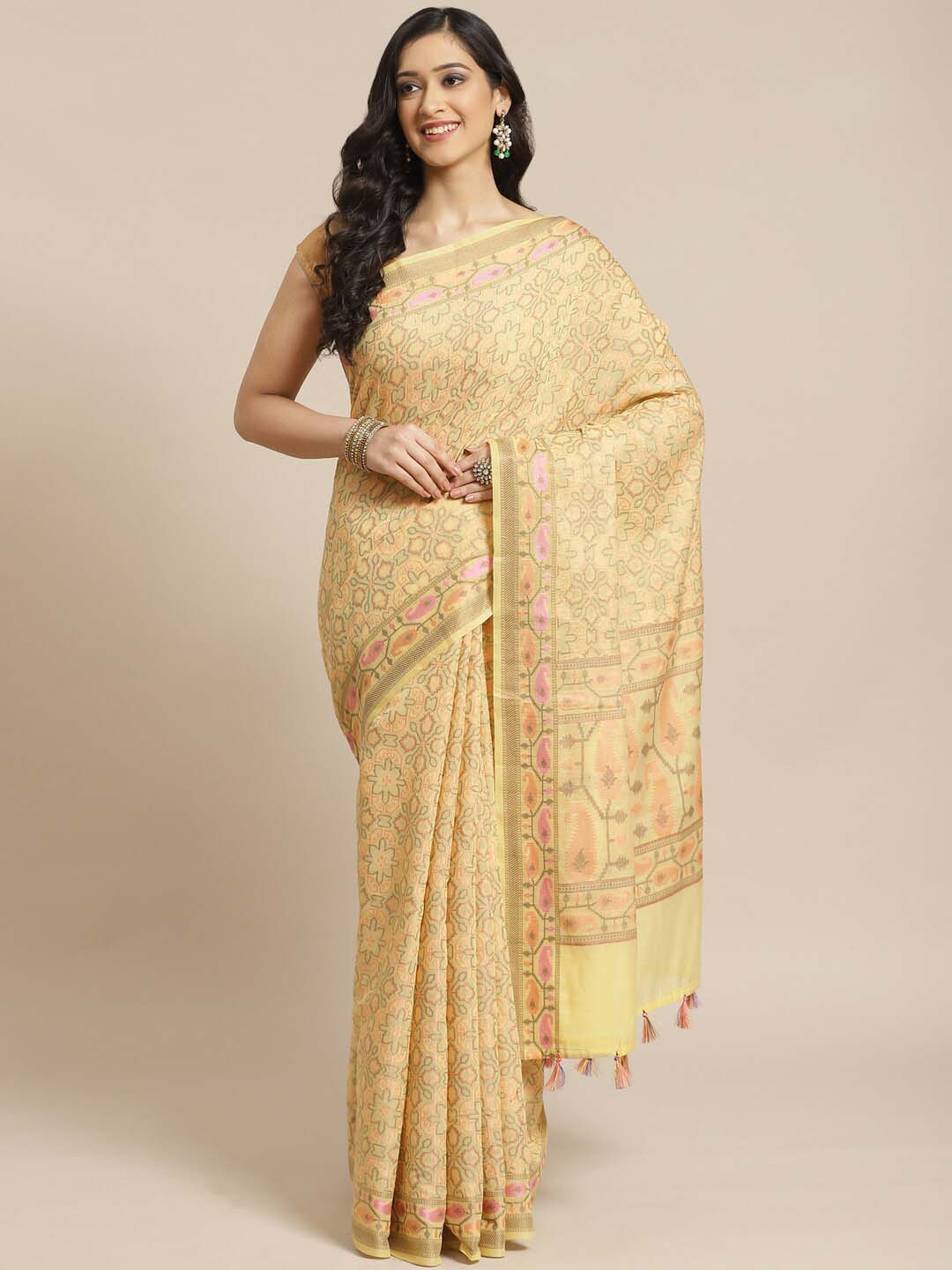 Indethnic Banarasi Yellow Woven Design Work Wear Saree - View 1