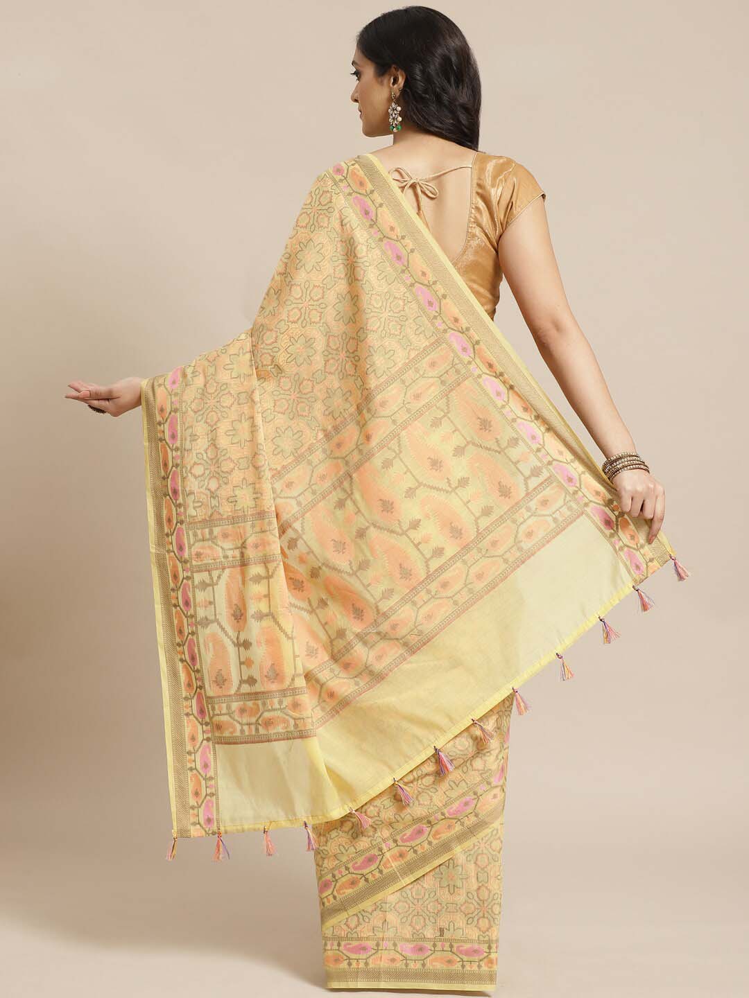 Indethnic Banarasi Yellow Woven Design Work Wear Saree - View 3