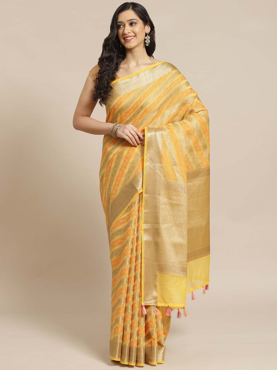 Indethnic Banarasi Yellow Woven Design Daily Wear Saree - View 1