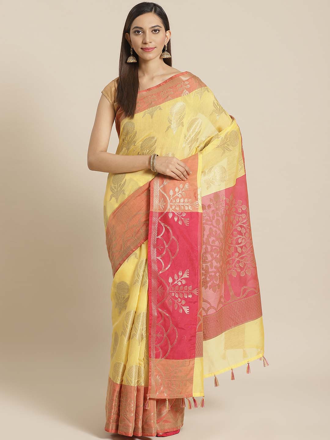 Indethnic Banarasi Yellow Woven Design Daily Wear Saree - View 1