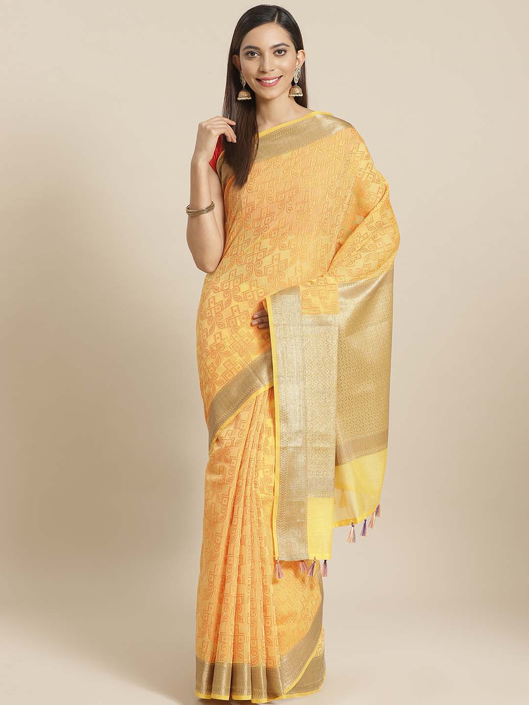 Indethnic Banarasi Yellow Woven Design Work Wear Saree - View 1