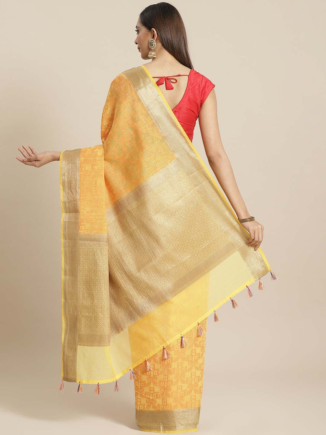 Indethnic Banarasi Yellow Woven Design Work Wear Saree - View 2